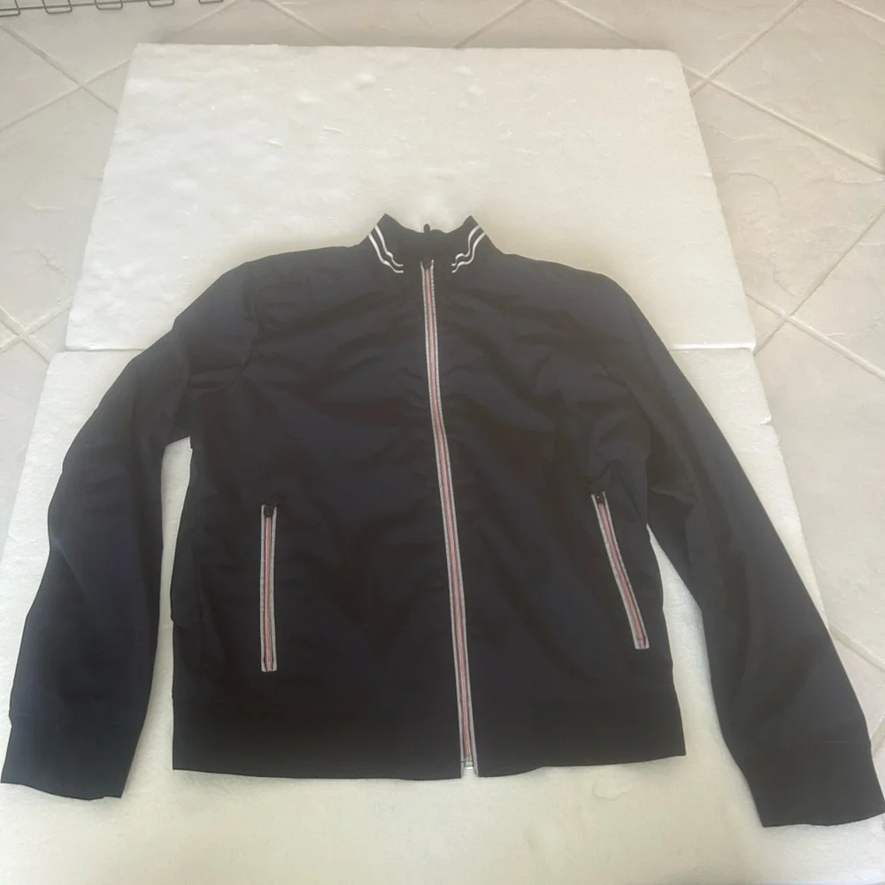 Banana Republic navy wind breaker bomber jacket white red gray stripe details